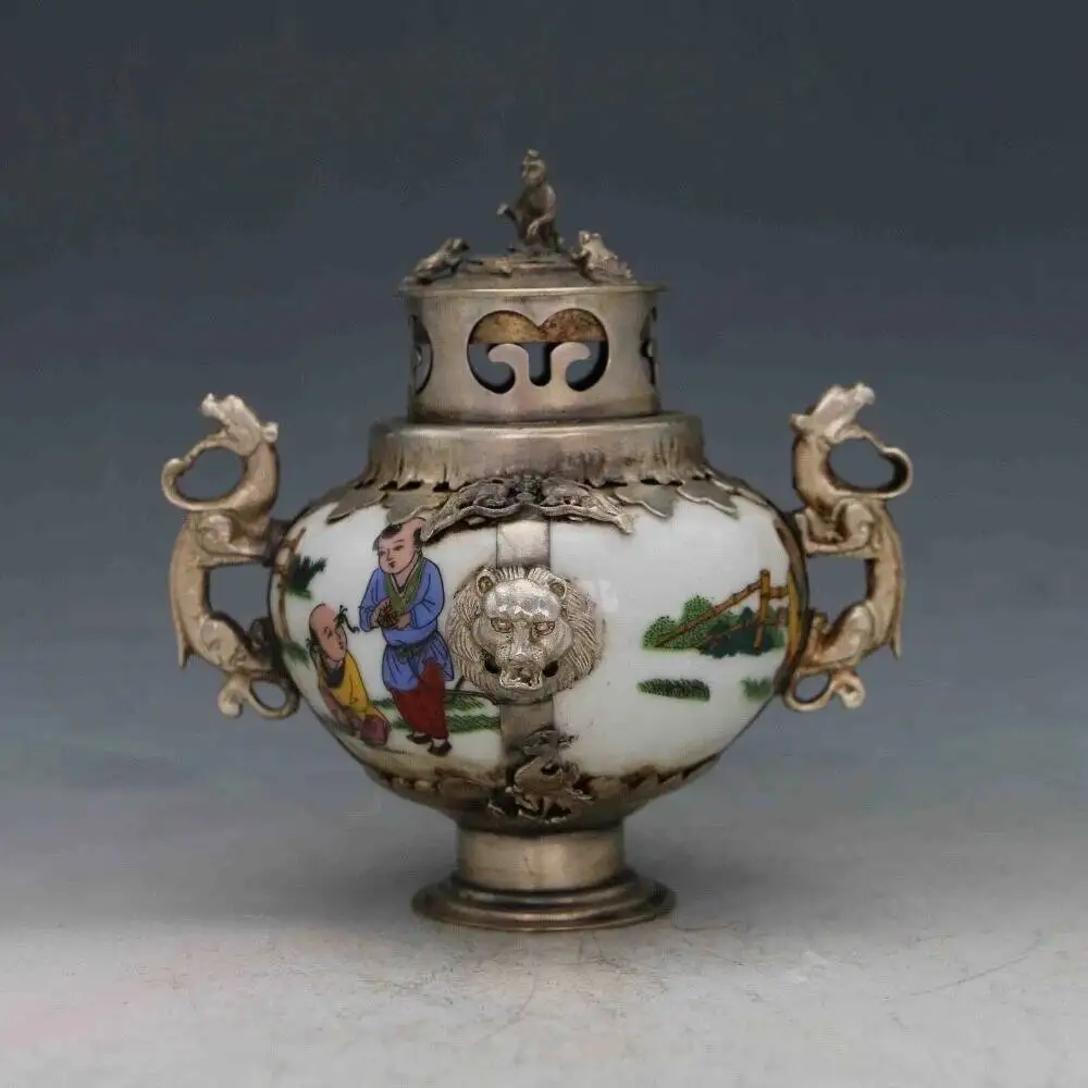 Chinese Old Porcelain Inlaid Tibetan Silver Monkey Lid Incense Burner Q62
Chinese Old Porcelain Inlaid Tibetan Silver Monkey Lid Incense Burner Q62