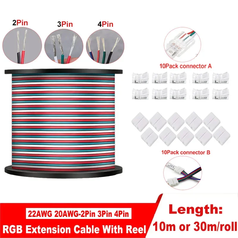 2/3/4-pin 20AWG 22AWG RGB extension cable with reel (10m or 30m) Equipped with 20 LED strip connectors, suitable for 5050/3528 L
2/3/4-pin 20AWG 22AWG RGB extension cable with reel (10m or 30m) Equipped with 20 LED strip connectors, suitable for 5050/3528 L