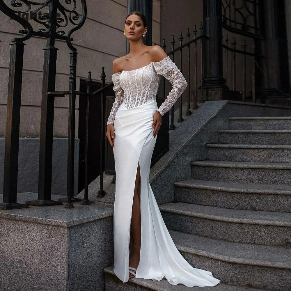 Eighale Arabic Wedding Dresses Long Sleeves Scoop Lace White Ivory Stretchy Satin Mermaid Customized Bridal Gowns
Eighale Arabic Wedding Dresses Long Sleeves Scoop Lace White Ivory Stretchy Satin Mermaid Customized Bridal Gowns