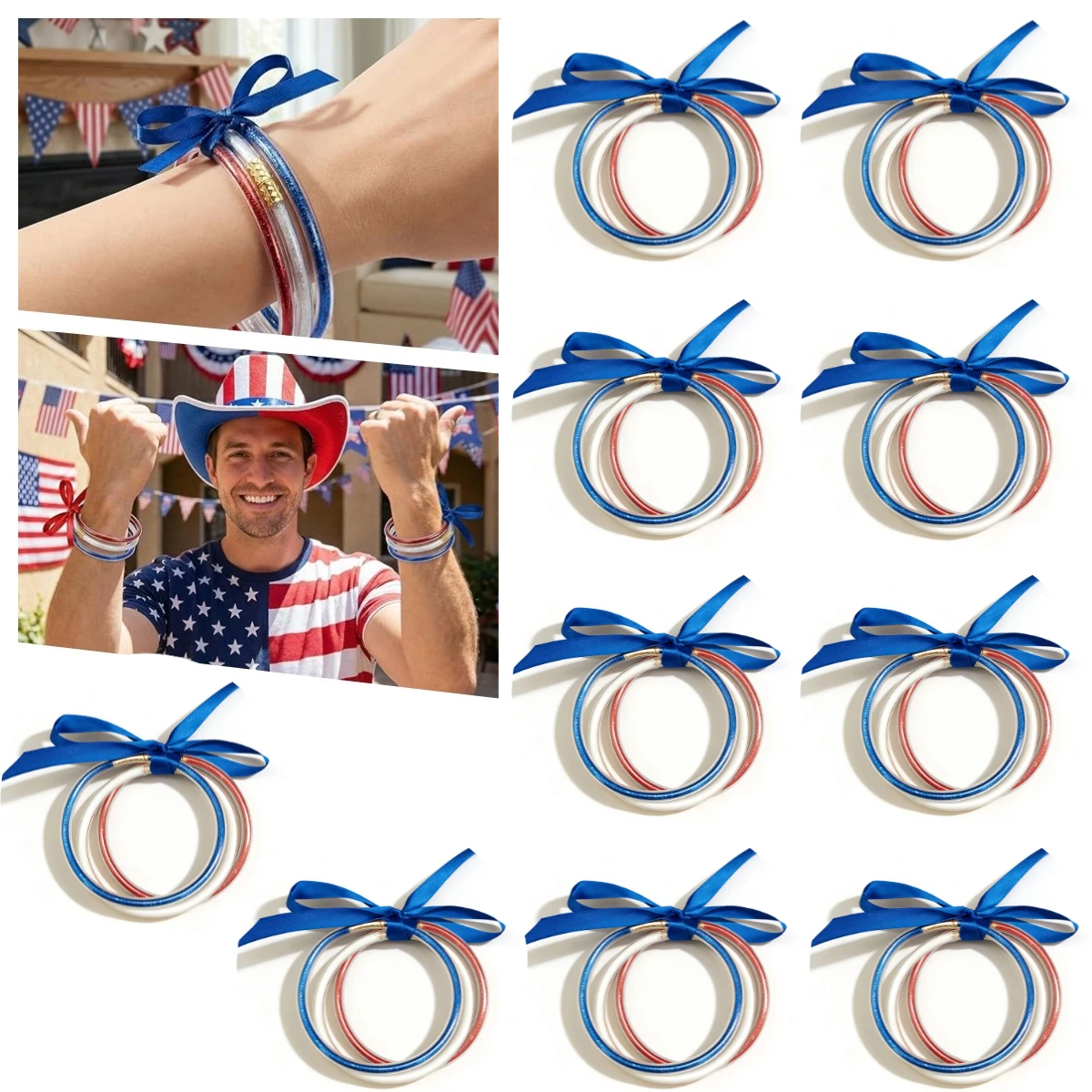 Independence Day Jelly Bangles Glitter Bracelets Bowknot Jelly Bangles for Patriotic Themed Party Favors Costume Memorial Day
Independence Day Jelly Bangles Glitter Bracelets Bowknot Jelly Bangles for Patriotic Themed Party Favors Costume Memorial Day