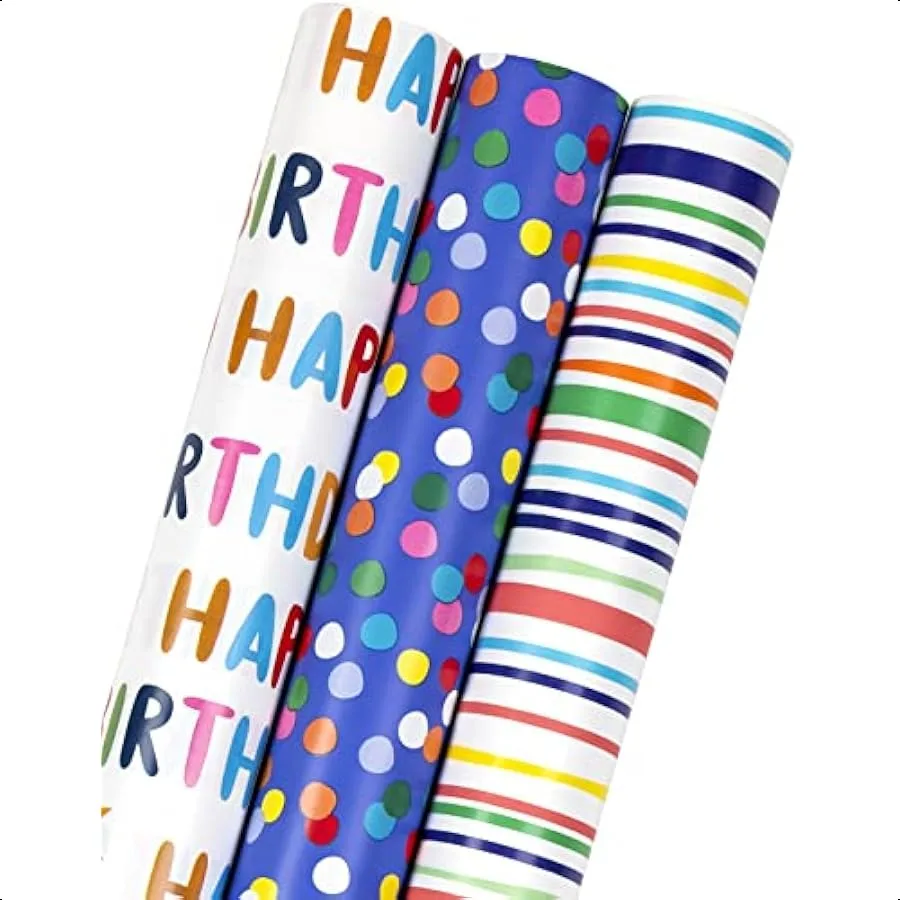 Birthday Wrapping Paper Roll Mini Roll 17 inch X 120 inch Per roll Polka dots Stripes Patterns 42.3 sq.ft.ttl
Birthday Wrapping Paper Roll Mini Roll 17 inch X 120 inch Per roll Polka dots Stripes Patterns 42.3 sq.ft.ttl
