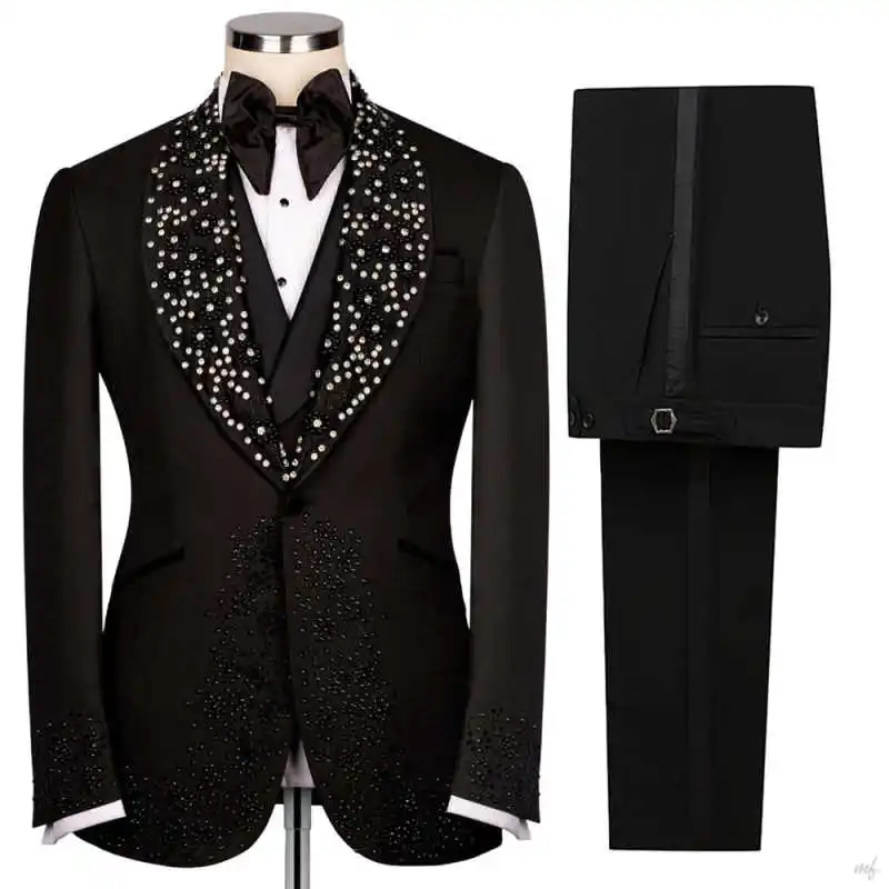 Luxurious Black Men's Suit 3-Piece Pearl & Sequin Embellished Formal Wedding Prom Tuxedo Satin Lapel Slim-Fit Customized
Luxurious Black Men's Suit 3-Piece Pearl & Sequin Embellished Formal Wedding Prom Tuxedo Satin Lapel Slim-Fit Customized