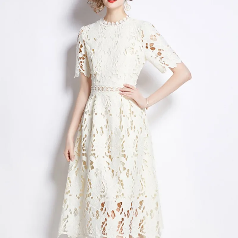 2025 New High-grade Embroidery Lace Hollow Dresses Women's O Neck Short Sleeve Dresses 
2025 New High-grade Embroidery Lace Hollow Dresses Women's O Neck Short Sleeve Dresses
