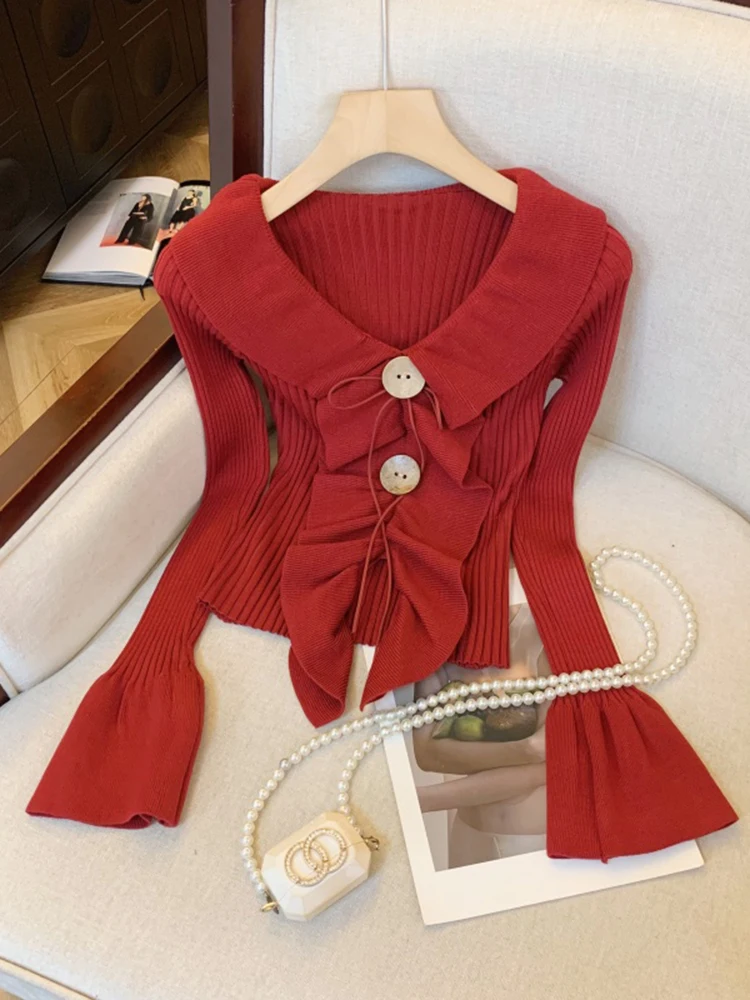 Winter Korean Casual Long Sleeved Versatile Flared Sleeve Sweater Fashion Elegant Lady Ruffled V-Neck Knitted Base Sweater
Winter Korean Casual Long Sleeved Versatile Flared Sleeve Sweater Fashion Elegant Lady Ruffled V-Neck Knitted Base Sweater