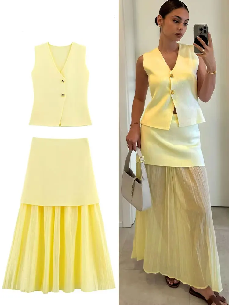 Элегантный женский комплект из 2 предметов, вязаный жилет без рукавов с v-образным вырезом и пуговицами, топ + повседневная женская длинная юбка с высокой талией, наряды
Элегантный женский комплект из 2 предметов, вязаный жилет без рукавов с v-образным вырезом и пуговицами, топ + повседневная женская длинная юбка с высокой талией, наряды