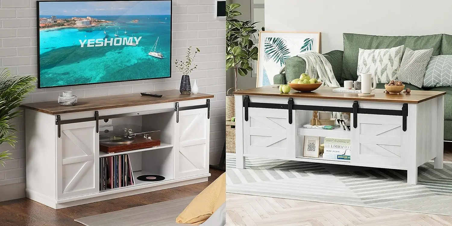 Farmhouse Style TV Stand Set with Coffee Table, Big Capacity for Living Room, White
Farmhouse Style TV Stand Set with Coffee Table, Big Capacity for Living Room, White