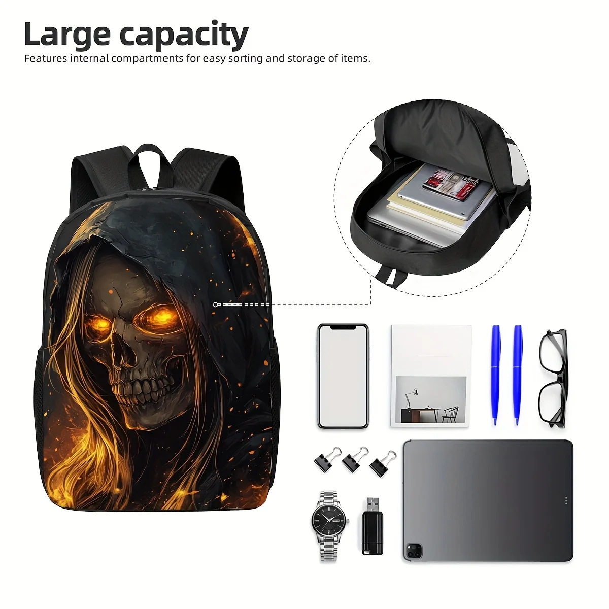1pc Large Capacity Backpack with Flaming Skull Print - Dark Hooded Washable Travel Bag, Secure-Zipper Closure & Ergonomic Should
1pc Large Capacity Backpack with Flaming Skull Print - Dark Hooded Washable Travel Bag, Secure-Zipper Closure & Ergonomic Should
