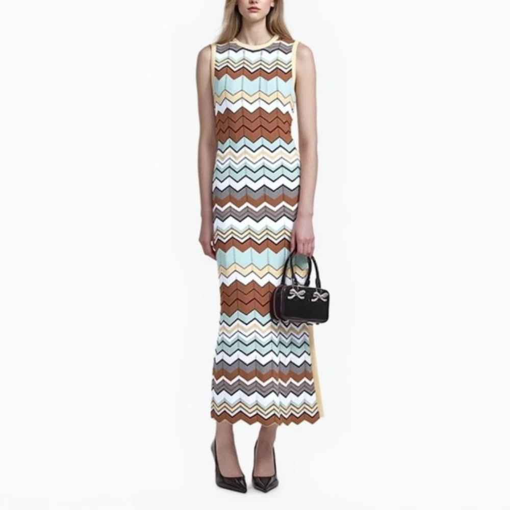Micosoni High-end Quality Bohemian Knitted Style Serrated Striped Round Neck Sleeveless Wavy Slim Dress for Women Vestidos S-L
Micosoni High-end Quality Bohemian Knitted Style Serrated Striped Round Neck Sleeveless Wavy Slim Dress for Women Vestidos S-L