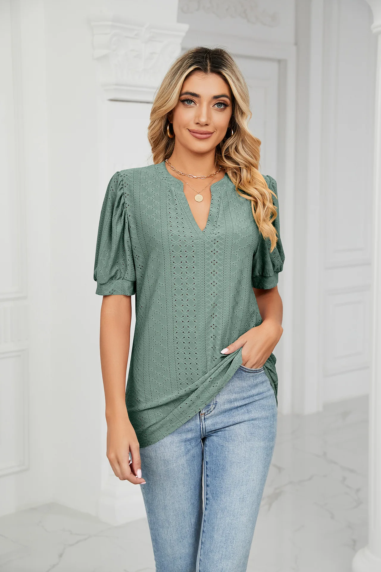 Women Tops Hollow Short Sleeve Shirts 2024 Summer Solid V Neck Casual Loose T-Shirts Top Woman
Women Tops Hollow Short Sleeve Shirts 2024 Summer Solid V Neck Casual Loose T-Shirts Top Woman
