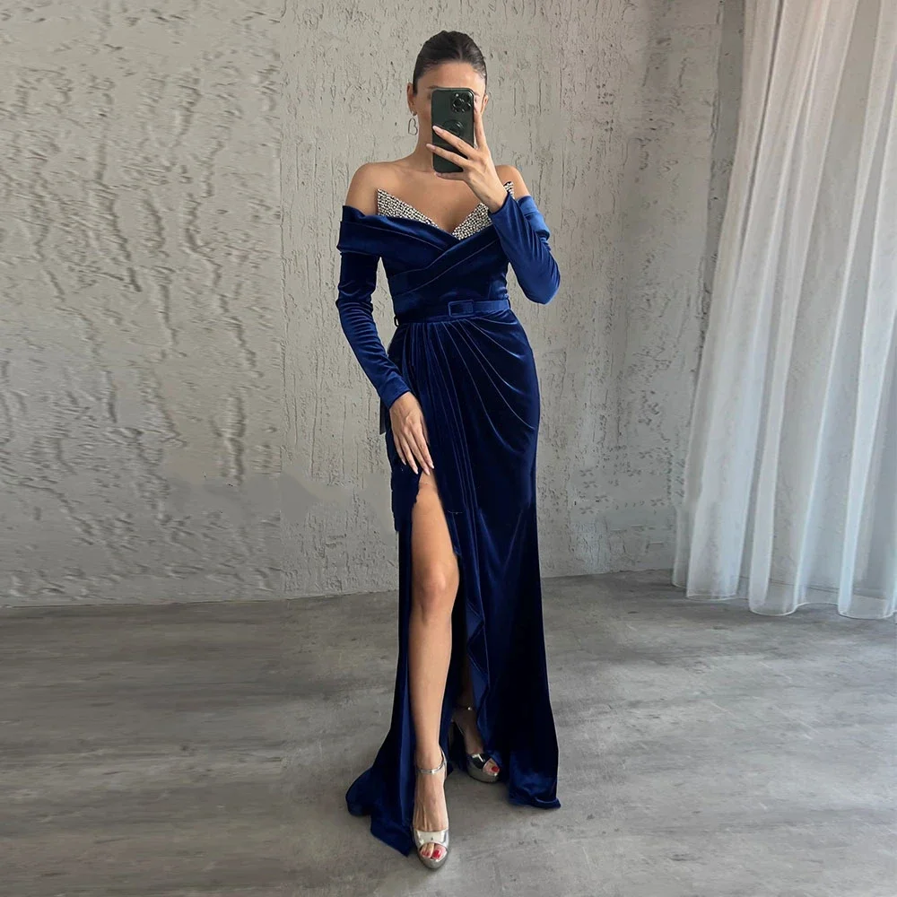 Elegant Navy Blue Mermaid Evening Dress Off Shoulder Long Sleeve V-neck High Waist Ball Dress Wedding Party Dress Customized
Elegant Navy Blue Mermaid Evening Dress Off Shoulder Long Sleeve V-neck High Waist Ball Dress Wedding Party Dress Customized