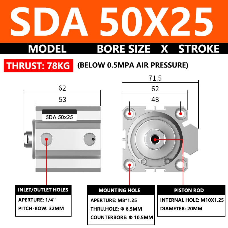 ABILKEEN SDA50X25 Серия SDA Тонкий воздушный цилиндр 50 мм с внутренней резьбой Диаметр цилиндра X 25 мм Ход поршня Пневматический компактный цилиндр двойного действия
ABILKEEN SDA50X25 Серия SDA Тонкий воздушный цилиндр 50 мм с внутренней резьбой Диаметр цилиндра X 25 мм Ход поршня Пневматический компактный цилиндр двойного действия