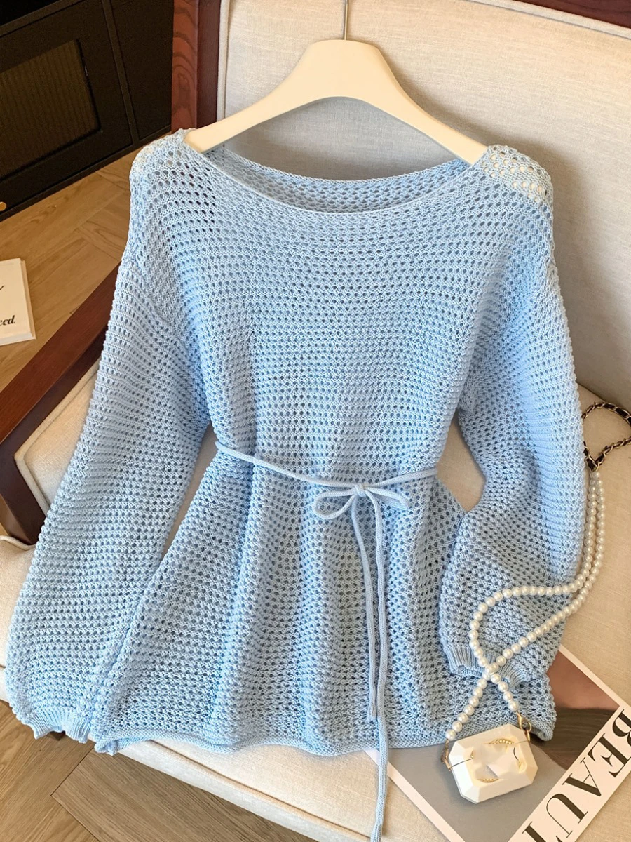 Hollowed Out O-neck Lace Up Sweater French Summer Thin Ice Silk Long Sleeved Knitted Top Women Loose Sun Protection Pullover
Hollowed Out O-neck Lace Up Sweater French Summer Thin Ice Silk Long Sleeved Knitted Top Women Loose Sun Protection Pullover