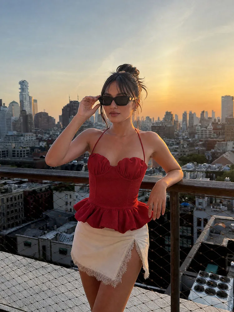 HH French Holiday Red Halter Peplum Camis Tie Neck Ruffle Bustier Crop Top Summer Resort Beach Party Business Street Outfit
HH French Holiday Red Halter Peplum Camis Tie Neck Ruffle Bustier Crop Top Summer Resort Beach Party Business Street Outfit