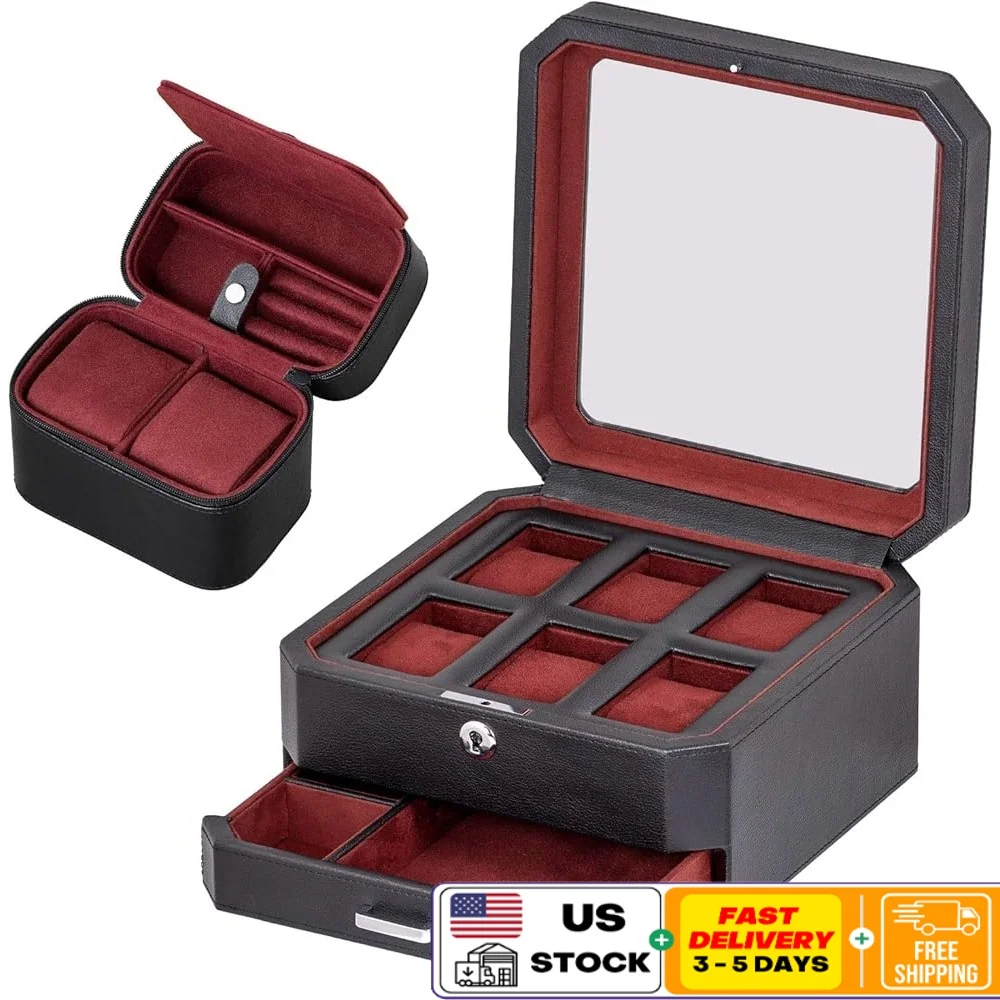 Gift Set 6 Slot Leather Watch Box and 2 Watch Travel Case Luxury Organizer Microsuede Liner Locking Mens Jewelry Storage
Gift Set 6 Slot Leather Watch Box and 2 Watch Travel Case Luxury Organizer Microsuede Liner Locking Mens Jewelry Storage