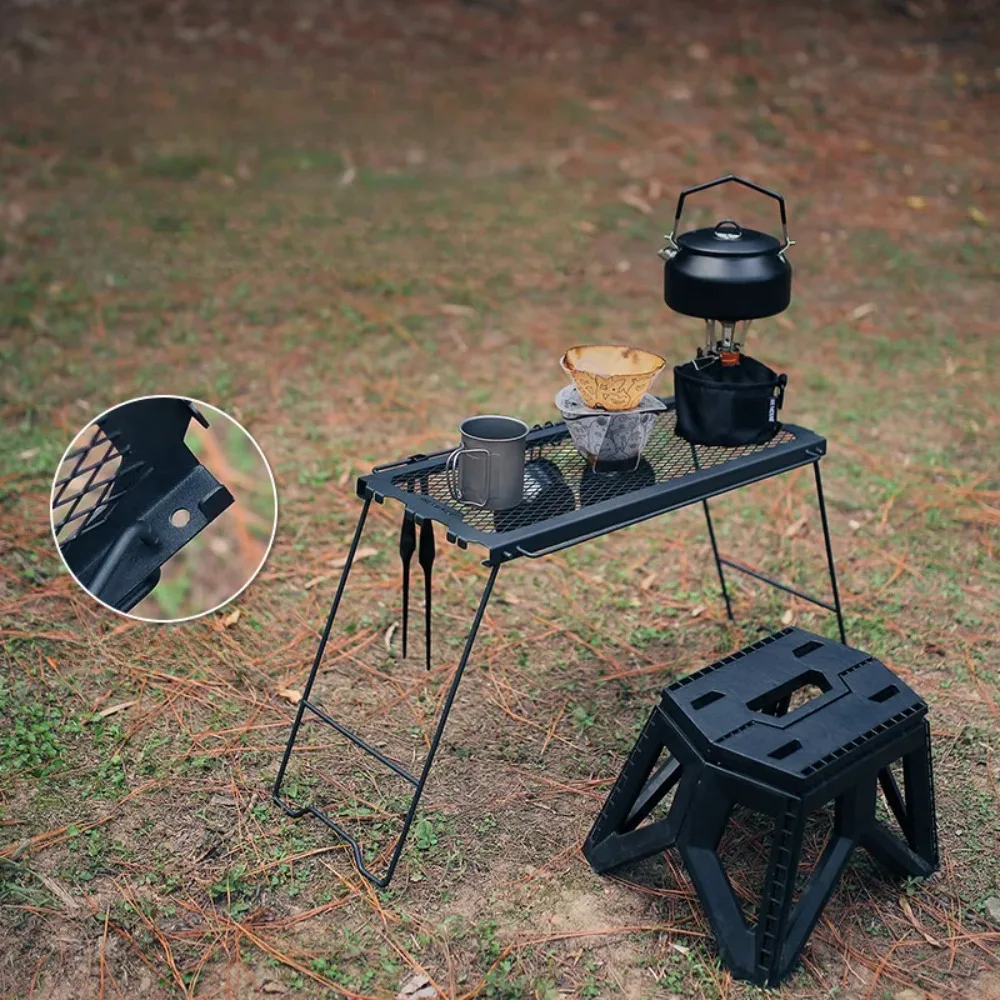 Outdoor Folding Table with Grid Top, Portable Camping Table Stool Set, Multifunctional Side Hanging Shelf,Lightweight Iron Frame
Outdoor Folding Table with Grid Top, Portable Camping Table Stool Set, Multifunctional Side Hanging Shelf,Lightweight Iron Frame