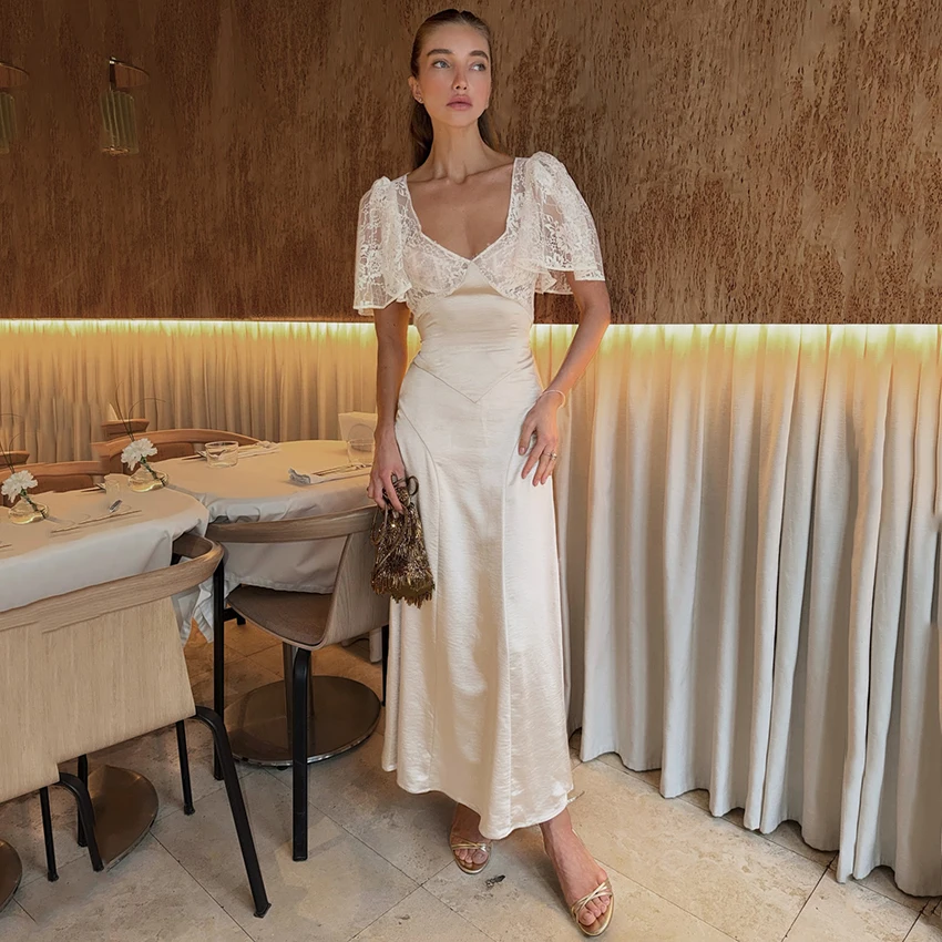 Linad Summer Elegant Satin Apricot Lace Long Dress Vintage Slim High Waist Dresses Women Casual Puff Sleeve Straight Dress Woman
Linad Summer Elegant Satin Apricot Lace Long Dress Vintage Slim High Waist Dresses Women Casual Puff Sleeve Straight Dress Woman