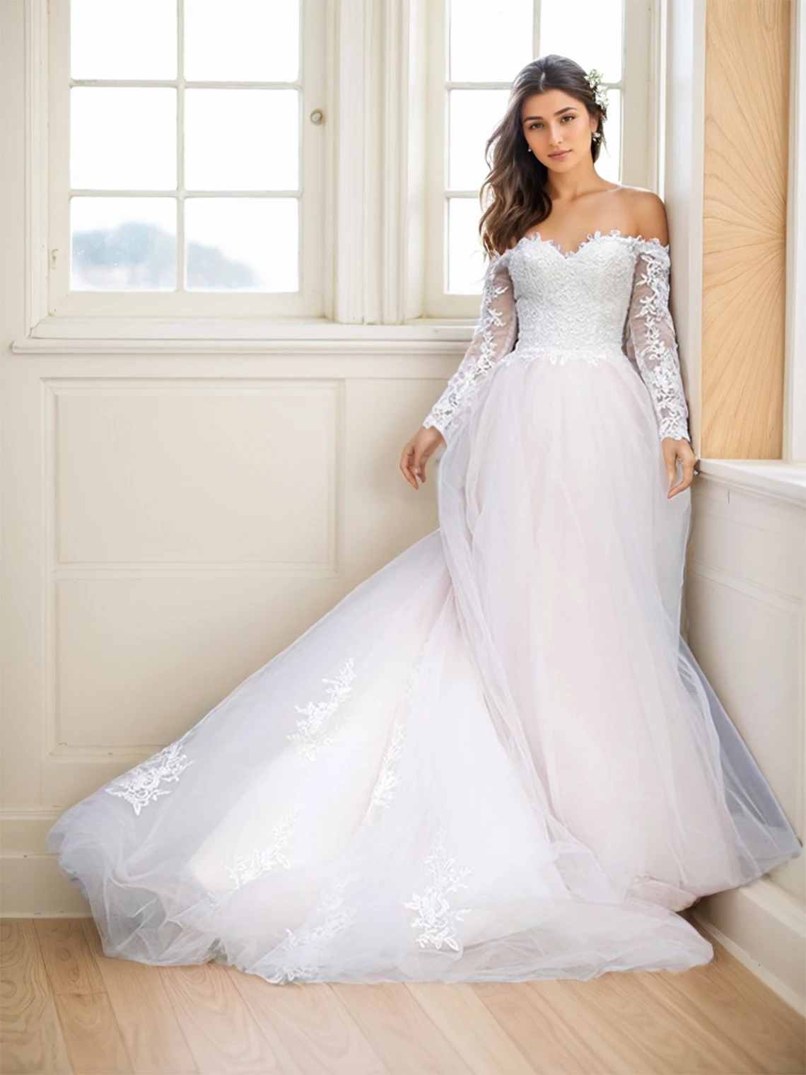 Elegant A-Line Wedding Dress Off-the-Shoulder Court Train Long Sleeves Tulle Beach Engagement Bridal Gown 2025 Free Customized
Elegant A-Line Wedding Dress Off-the-Shoulder Court Train Long Sleeves Tulle Beach Engagement Bridal Gown 2025 Free Customized