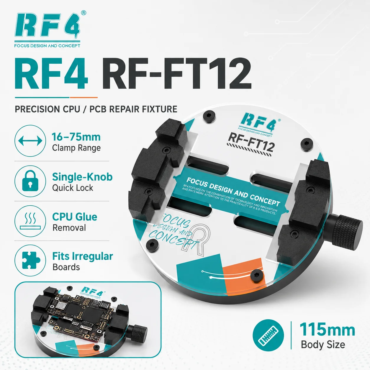 RF4 RF-FT12 Precision CPU PCB Repair Fixture 16-75mm Single-Knob Clamp Holder for Phone Motherboard Glue Removal
RF4 RF-FT12 Precision CPU PCB Repair Fixture 16-75mm Single-Knob Clamp Holder for Phone Motherboard Glue Removal