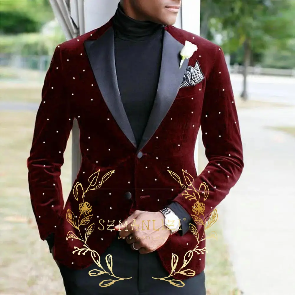 Burgundy Velvet Groom Wedding Tuxedos Customized Beads Jacket Black Pants 2 Pieces Men's Suits Prom Party Blazer Sets
Burgundy Velvet Groom Wedding Tuxedos Customized Beads Jacket Black Pants 2 Pieces Men's Suits Prom Party Blazer Sets