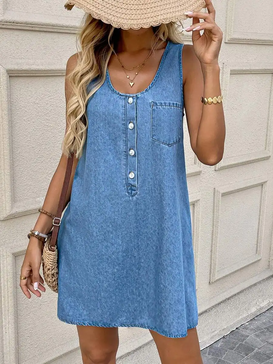 Women's Sleeveless Denim Mini Dress with Button Front and Pocket
Women's Sleeveless Denim Mini Dress with Button Front and Pocket