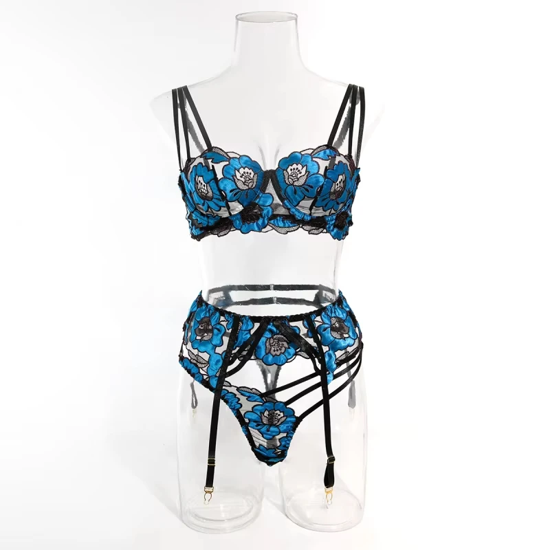 Thin mesh bikini with embroidery, sexy hollow-out shapewear lingerie, garter belt three-piece set
Thin mesh bikini with embroidery, sexy hollow-out shapewear lingerie, garter belt three-piece set
