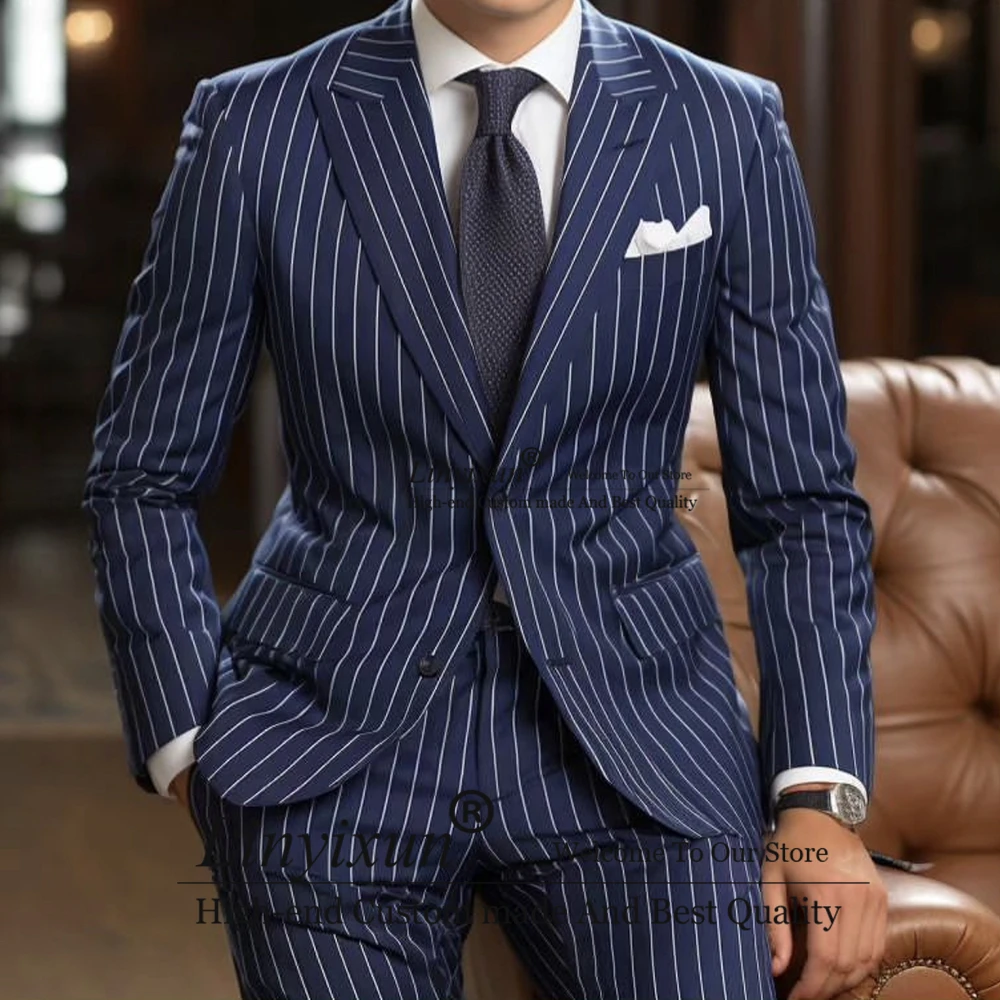 Navy Blue Stripe Suits For Men Formal Business Male Blazer Slim Fit Wedding Groom Tuxedo 2 Piece Jacket Pants Set Costume Homme
Navy Blue Stripe Suits For Men Formal Business Male Blazer Slim Fit Wedding Groom Tuxedo 2 Piece Jacket Pants Set Costume Homme