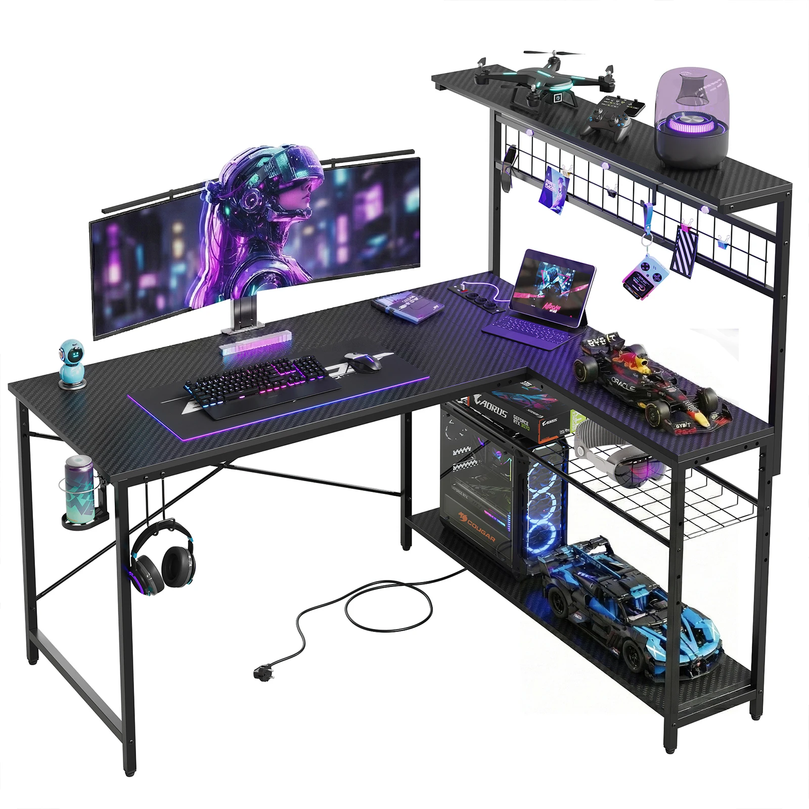 NOST&HOST 51" L-Shaped Gaming Desk Power Outlets LED Lights 4 Tier Shelves Hooks Cup Holder Home Office Carbon Fiber Black
NOST&HOST 51" L-Shaped Gaming Desk Power Outlets LED Lights 4 Tier Shelves Hooks Cup Holder Home Office Carbon Fiber Black