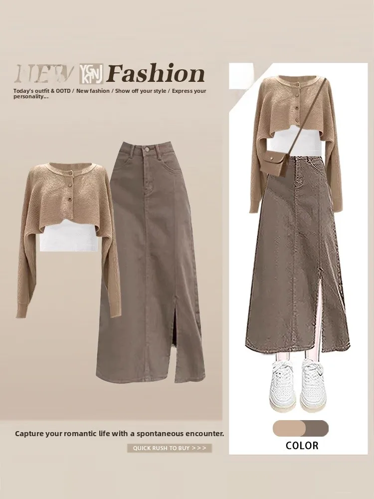 Korean Style Women's Short Sleeve Long Knitted Sweater with Halter Vest And Skirt Three Piece Set Autumn Fashion Slimming
Korean Style Women's Short Sleeve Long Knitted Sweater with Halter Vest And Skirt Three Piece Set Autumn Fashion Slimming