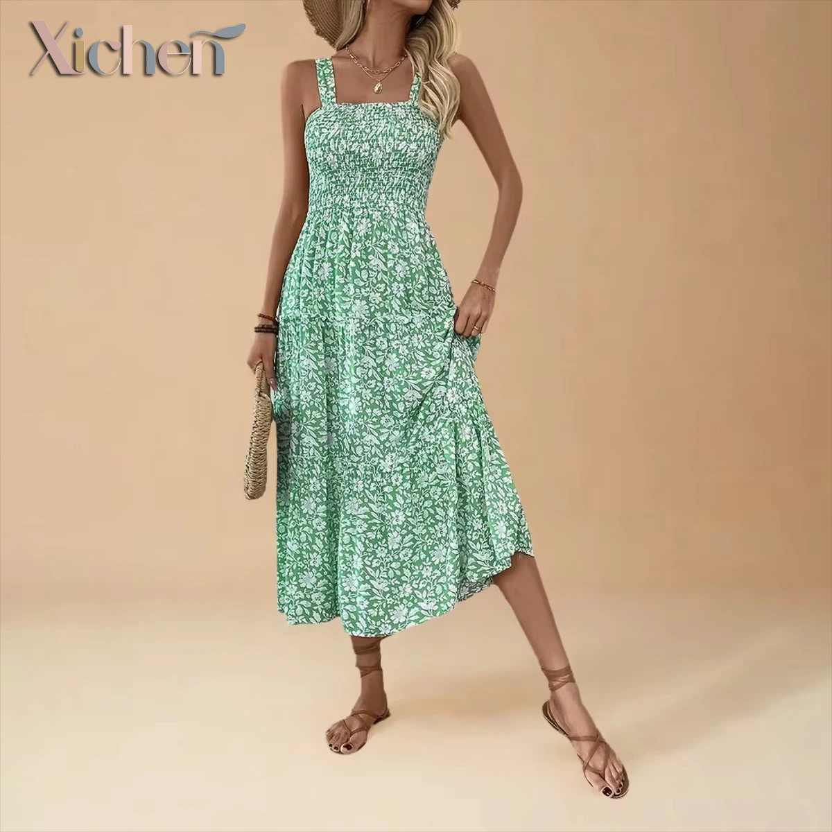 Women's Floral Print Viscose Dress with Spaghetti Straps, Square Neck, Ruched Waist & Flared Skirt -Pastoral Resort Style Summer
Women's Floral Print Viscose Dress with Spaghetti Straps, Square Neck, Ruched Waist & Flared Skirt -Pastoral Resort Style Summer