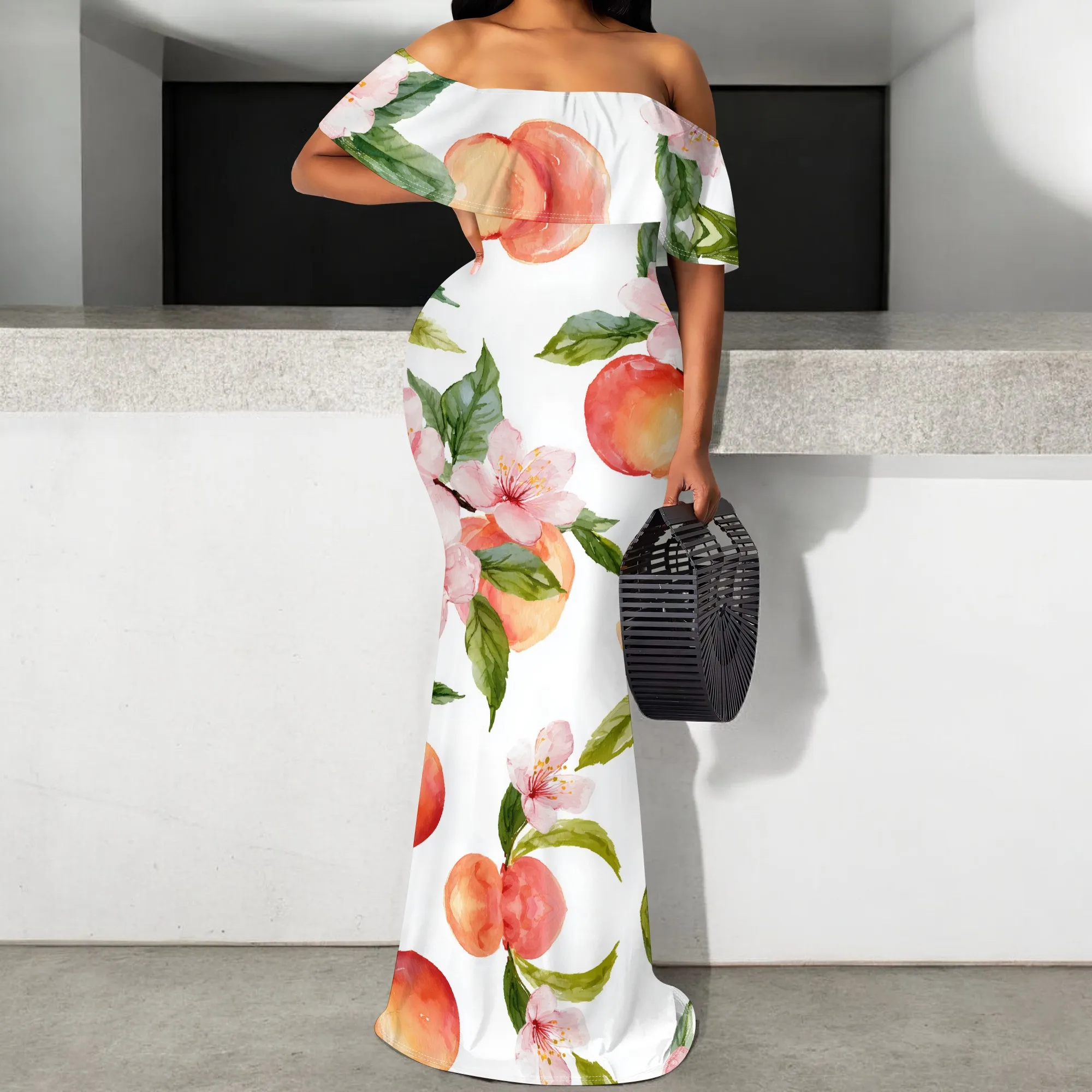 Peach Floral Print Off Shoulder Maxi Dress S-3XL Mermaid Hem Slim Fit for Summer Wedding, Garden Party or Beach Vacation Look
Peach Floral Print Off Shoulder Maxi Dress S-3XL Mermaid Hem Slim Fit for Summer Wedding, Garden Party or Beach Vacation Look