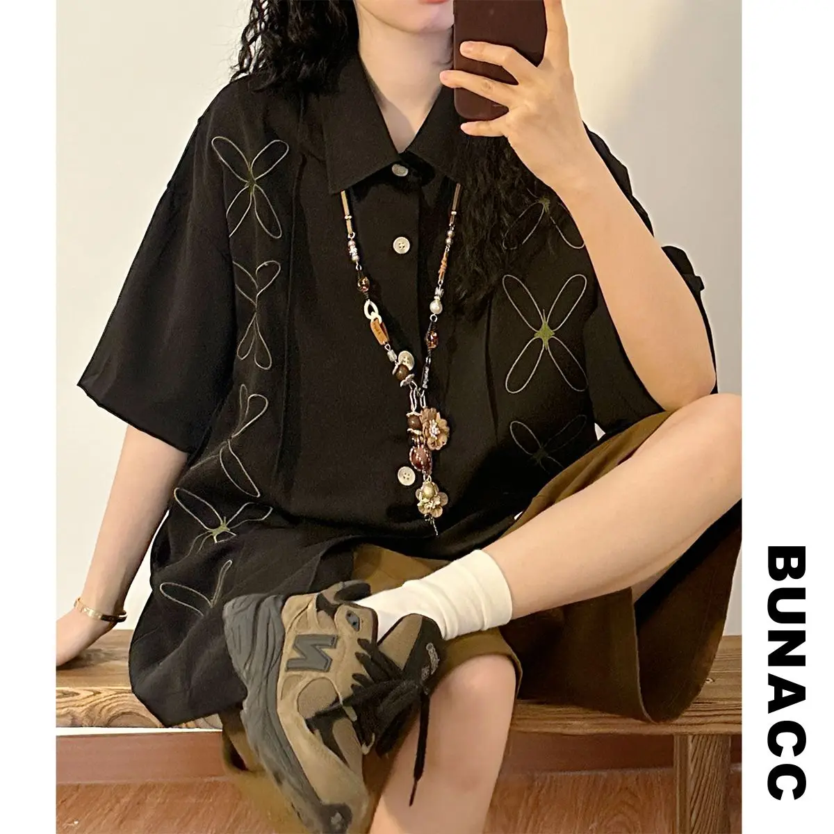 BUNACC Summer American Retro Street Sle Свободный крой ort Sve Bla Повседневный женский топ с воротником-стойкой Тонкий
BUNACC Summer American Retro Street Sle Свободный крой ort Sve Bla Повседневный женский топ с воротником-стойкой Тонкий