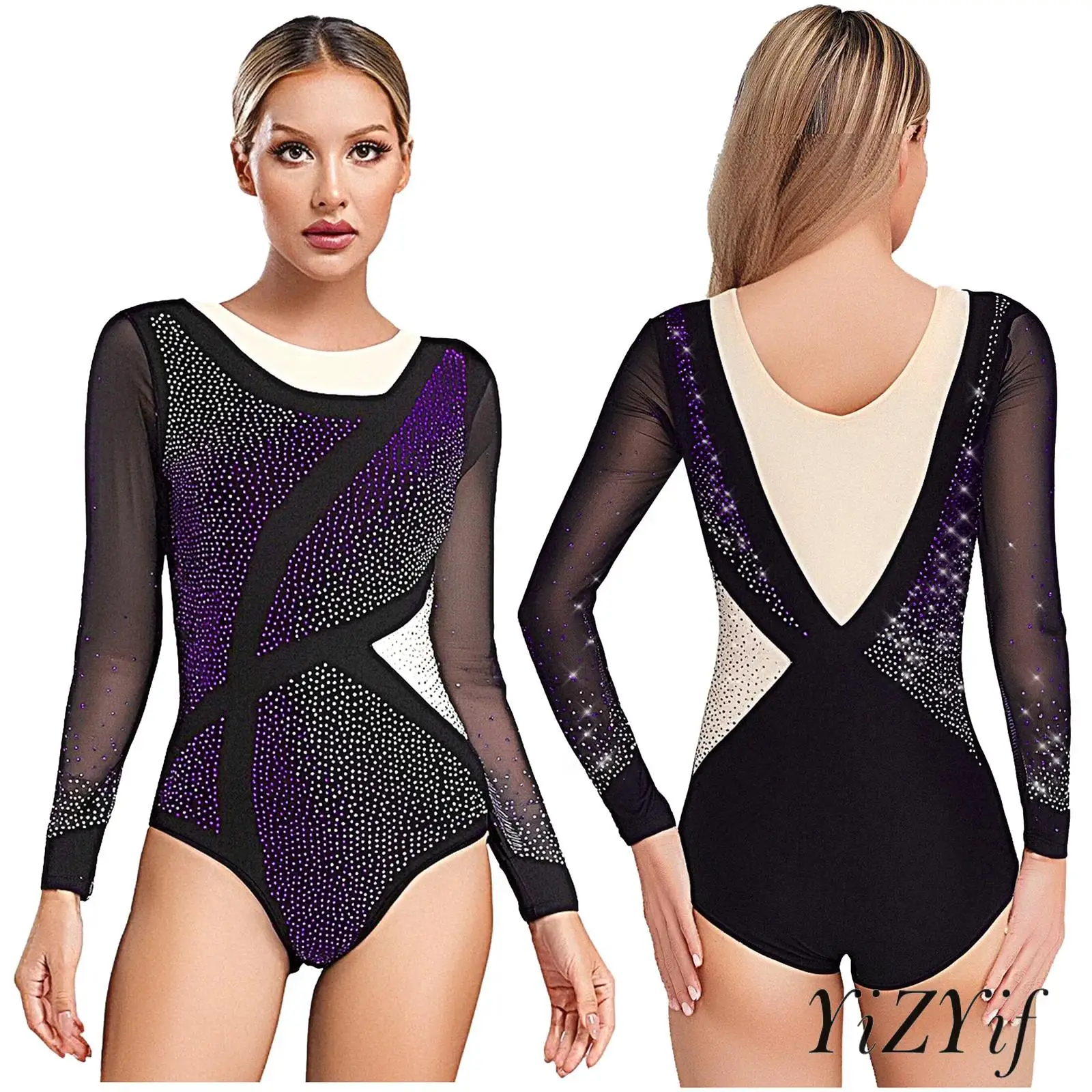 Womens Long Sleeve Glittery Rhinestone Jumpsuit Fashion Mesh Design Functional Open Crotch Ballet Dance Gymnastics Bodysuit
Womens Long Sleeve Glittery Rhinestone Jumpsuit Fashion Mesh Design Functional Open Crotch Ballet Dance Gymnastics Bodysuit