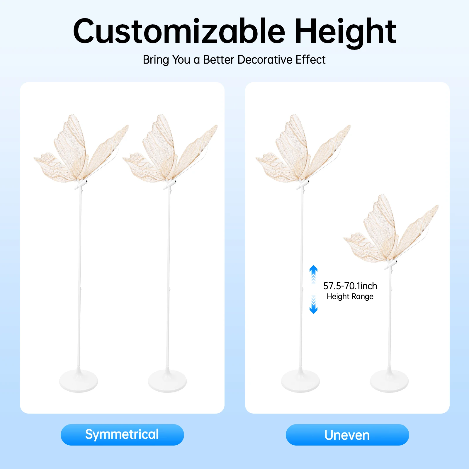 2pcs Butterfly Wedding Lights Set, Decoratiave Party Lights, 48W LED Floor Lamp with Silver/Gold Gauze, Adjustable Height (57.5-70.1in), Warm/White for US 110V
2pcs Butterfly Wedding Lights Set, Decoratiave Party Lights, 48W LED Floor Lamp with Silver/Gold Gauze, Adjustable Height (57.5-70.1in), Warm/White for US 110V