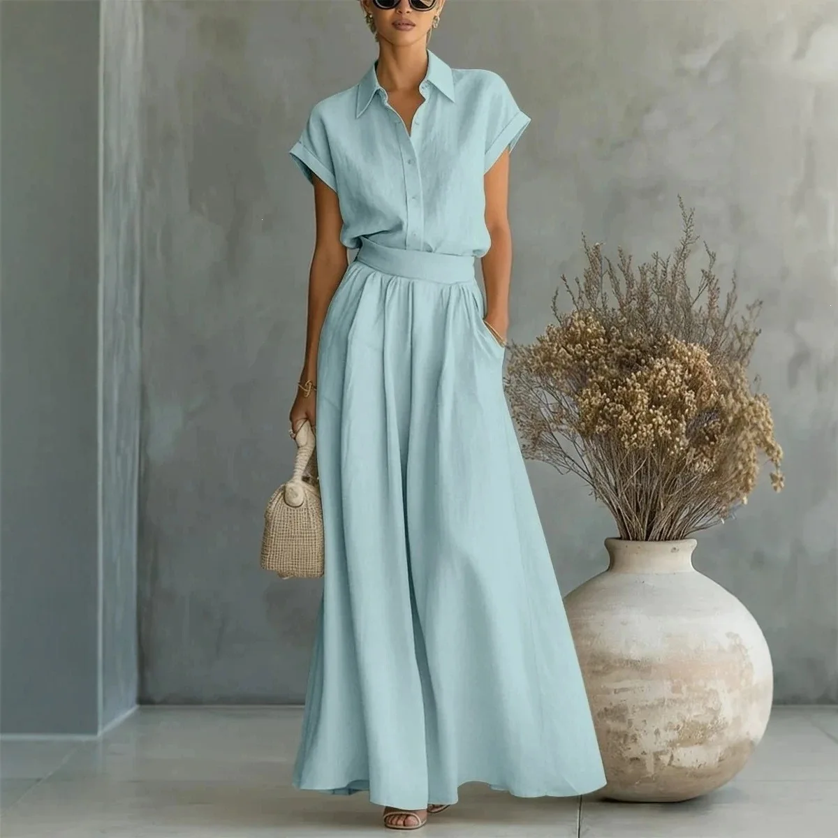 Pant Set Women 2 Piece Sets Wide Leg Long Pants Turn Down Collar Y2k Streetwear Short Sleeve Shirt High Waist Work Casual Solid
Pant Set Women 2 Piece Sets Wide Leg Long Pants Turn Down Collar Y2k Streetwear Short Sleeve Shirt High Waist Work Casual Solid