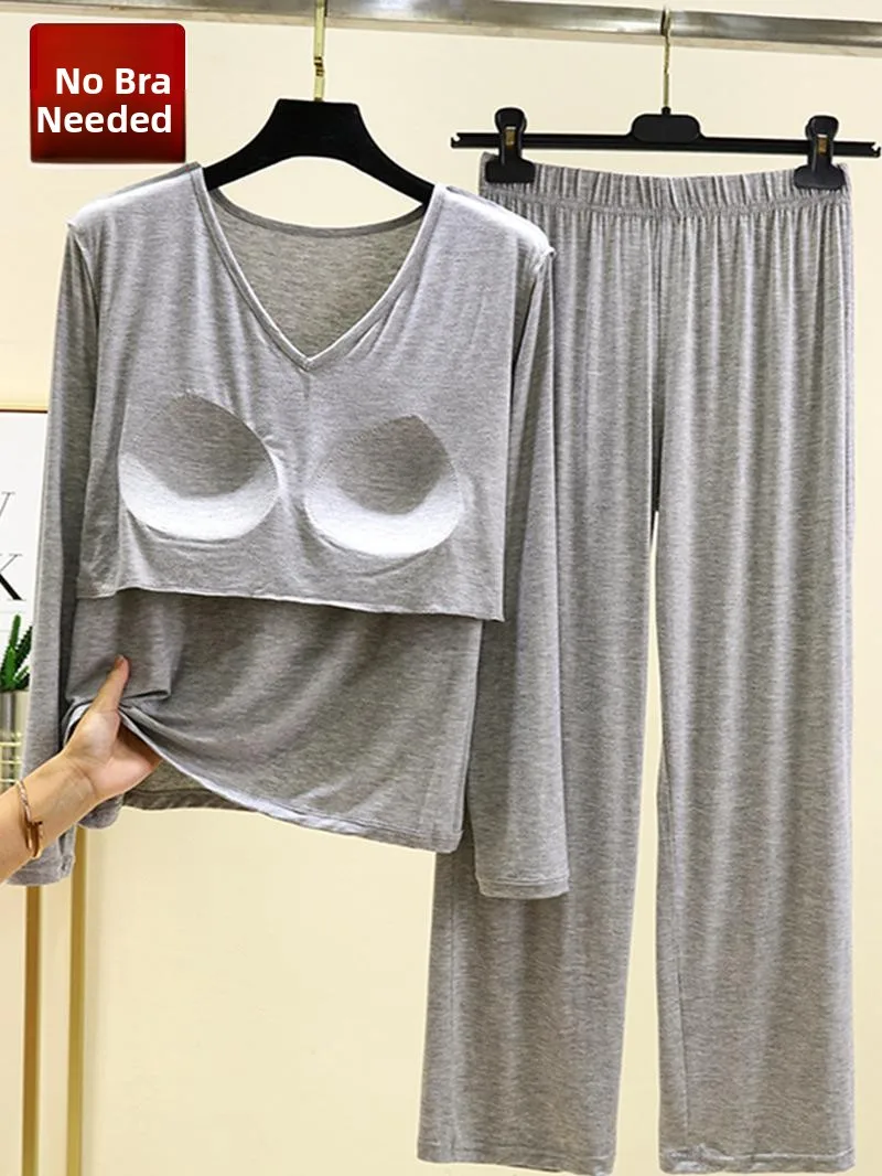 Modal One-Piece Bra Home Clothes Women's Autumn Large Size Long Sleeve Nightgown Pants Bra-Free T-Shirt Casual Pants Set
Modal One-Piece Bra Home Clothes Women's Autumn Large Size Long Sleeve Nightgown Pants Bra-Free T-Shirt Casual Pants Set