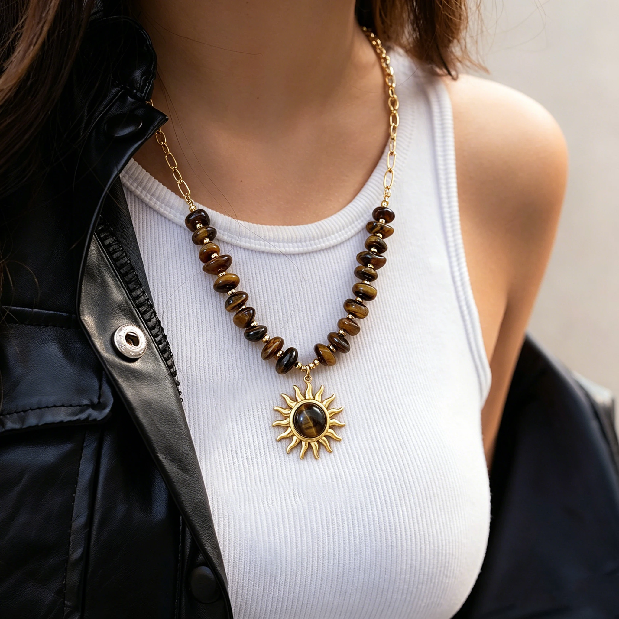 Freetry Vintage Brown Stone Sun Pendant Stainless Steel Necklace for Women Chunky Waterproof Necklace Holiday Wear Jewelry Gift
Freetry Vintage Brown Stone Sun Pendant Stainless Steel Necklace for Women Chunky Waterproof Necklace Holiday Wear Jewelry Gift