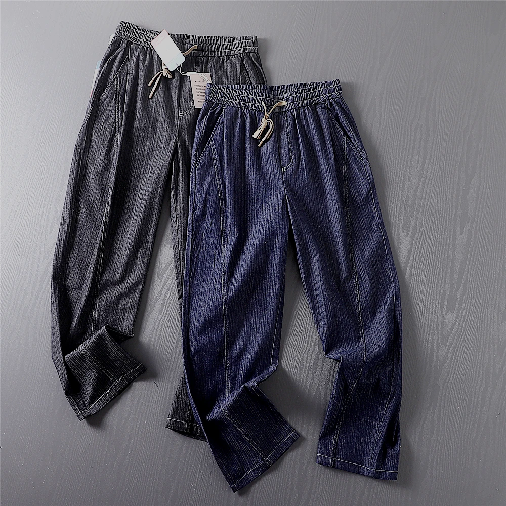 Natural Cotton Linen Blend American Retro Washed Elastic Loose Straight Leg Jeans Spring Summer Versatile Drawstring Trousers...