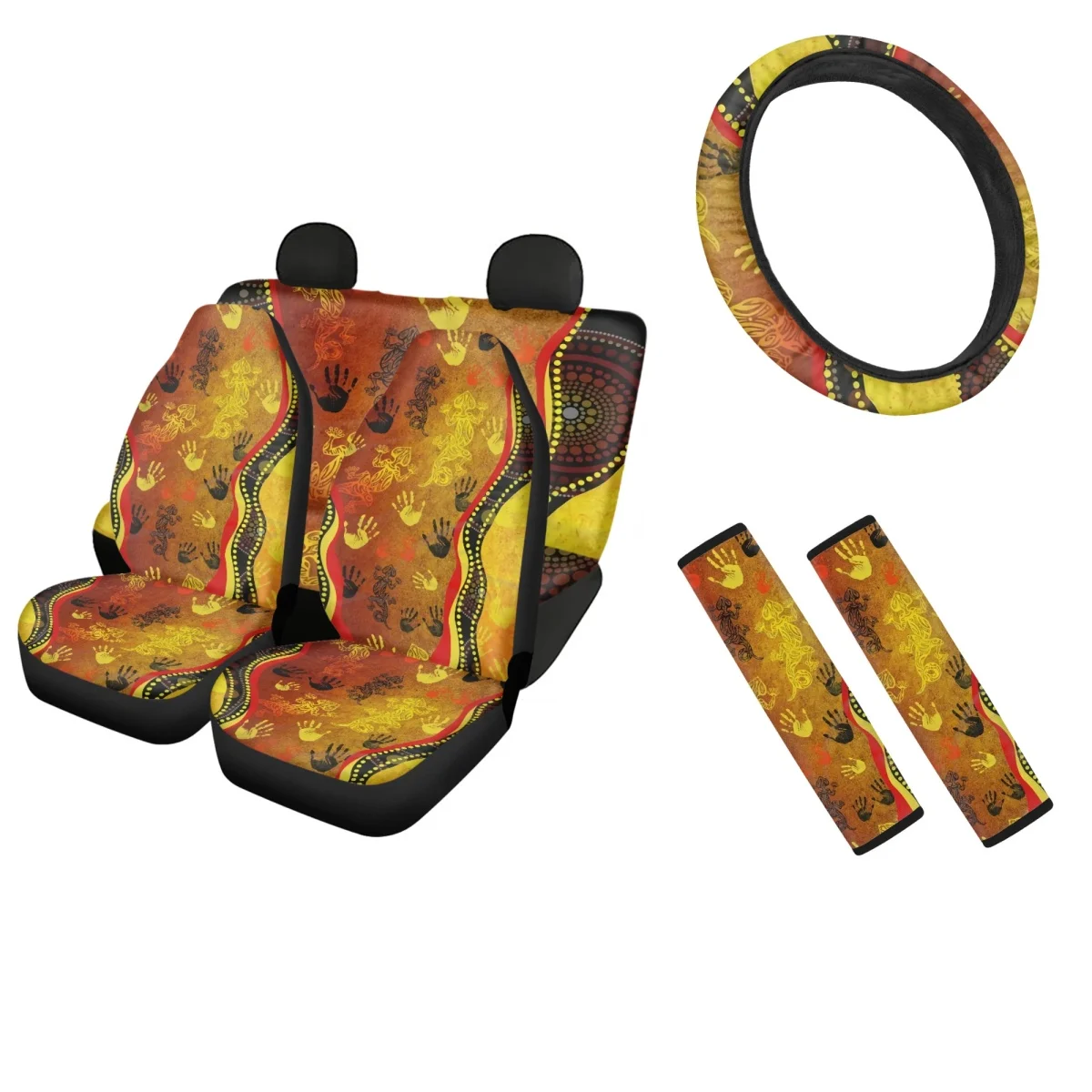 Australian Aboriginal Rock Painting Hand Lizard Car Seat Covers Art Golden Style Breathable Steering Wheel Cover Seatbelt Set
Australian Aboriginal Rock Painting Hand Lizard Car Seat Covers Art Golden Style Breathable Steering Wheel Cover Seatbelt Set
