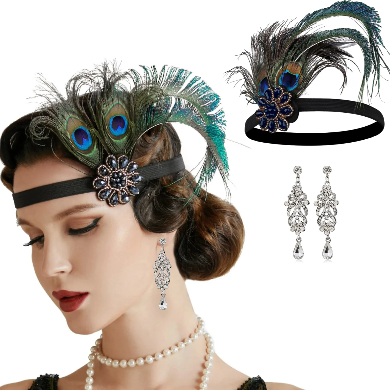 SET 1920s Vintage Gatsby Party Headpiece Women Flapper Feather Headband Black Rhinestone Beaded Sequin Hair with earing
SET 1920s Vintage Gatsby Party Headpiece Women Flapper Feather Headband Black Rhinestone Beaded Sequin Hair with earing