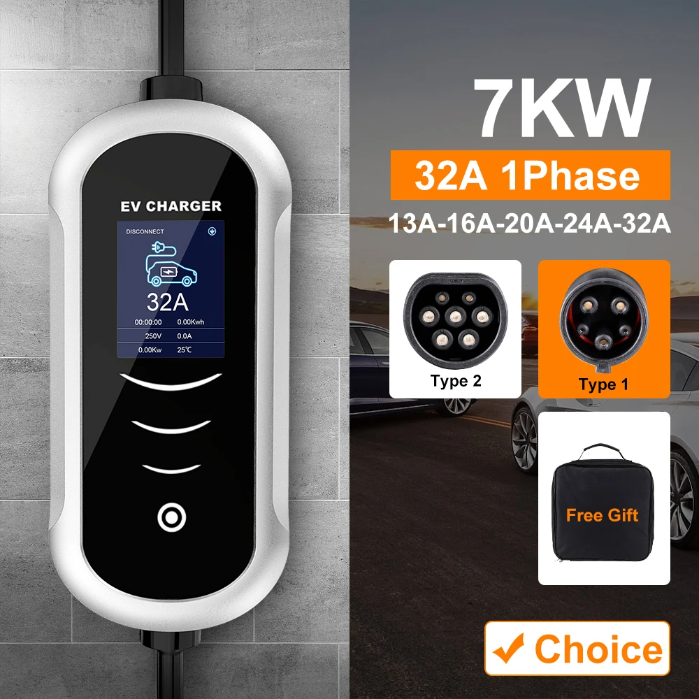 32A 7KW Portable EV Charger Type2 Type1 CEE Plug 1 Phase Electric Vehicle Charger EVSE Charging Wallbox Cable Car Fast Charger
32A 7KW Portable EV Charger Type2 Type1 CEE Plug 1 Phase Electric Vehicle Charger EVSE Charging Wallbox Cable Car Fast Charger