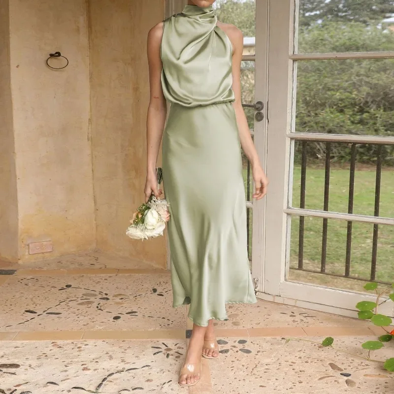 New Women's Halter Satin Evening Dress Wedding Bridesmaid Dresses Elegant Sleeveless Solid Colors Mid-Length Dress GZML0028
New Women's Halter Satin Evening Dress Wedding Bridesmaid Dresses Elegant Sleeveless Solid Colors Mid-Length Dress GZML0028