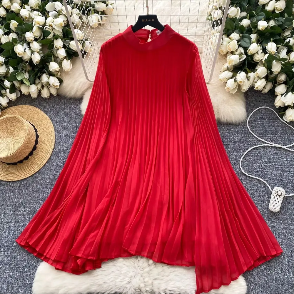 Elegant Stand Collar Pleated Vintage Flare Long Sleeve Chic Loose Long Dresses French Vacation High Street Women Spring Clothing
Elegant Stand Collar Pleated Vintage Flare Long Sleeve Chic Loose Long Dresses French Vacation High Street Women Spring Clothing