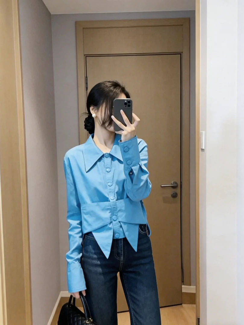 Blue Slimming Long Sleeve Women's Shirt Casual Loose Fit Waist-Cinching Design Fashionable Versatile Casual Top
Blue Slimming Long Sleeve Women's Shirt Casual Loose Fit Waist-Cinching Design Fashionable Versatile Casual Top