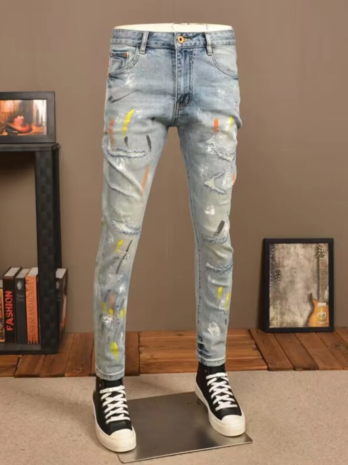 Spring Autumn Men's Slim Fit Jeans Faion Spattered Ink Hole Punching Trendy Brand Haome Long Pants Casual Youth Sle
Spring Autumn Men's Slim Fit Jeans Faion Spattered Ink Hole Punching Trendy Brand Haome Long Pants Casual Youth Sle