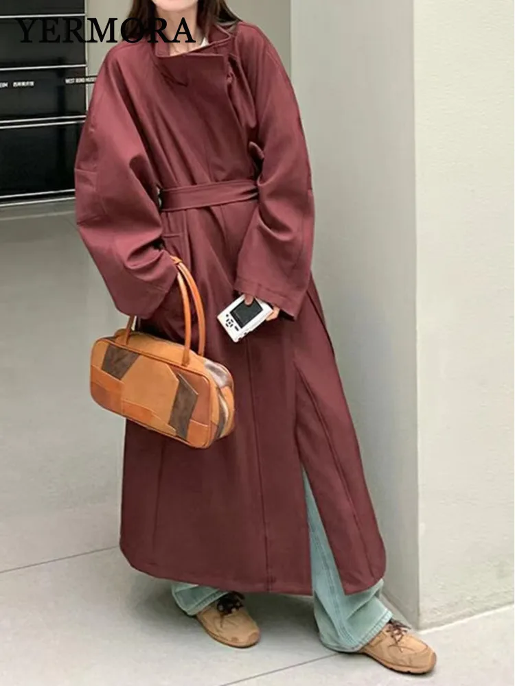 YERMORA Red Belted Vintage Trench For Women Stand Collar Long Sleeve Loose Fit Windbreaker Fashion Tide Spring Autumn 2025 A251 
YERMORA Red Belted Vintage Trench For Women Stand Collar Long Sleeve Loose Fit Windbreaker Fashion Tide Spring Autumn 2025 A251