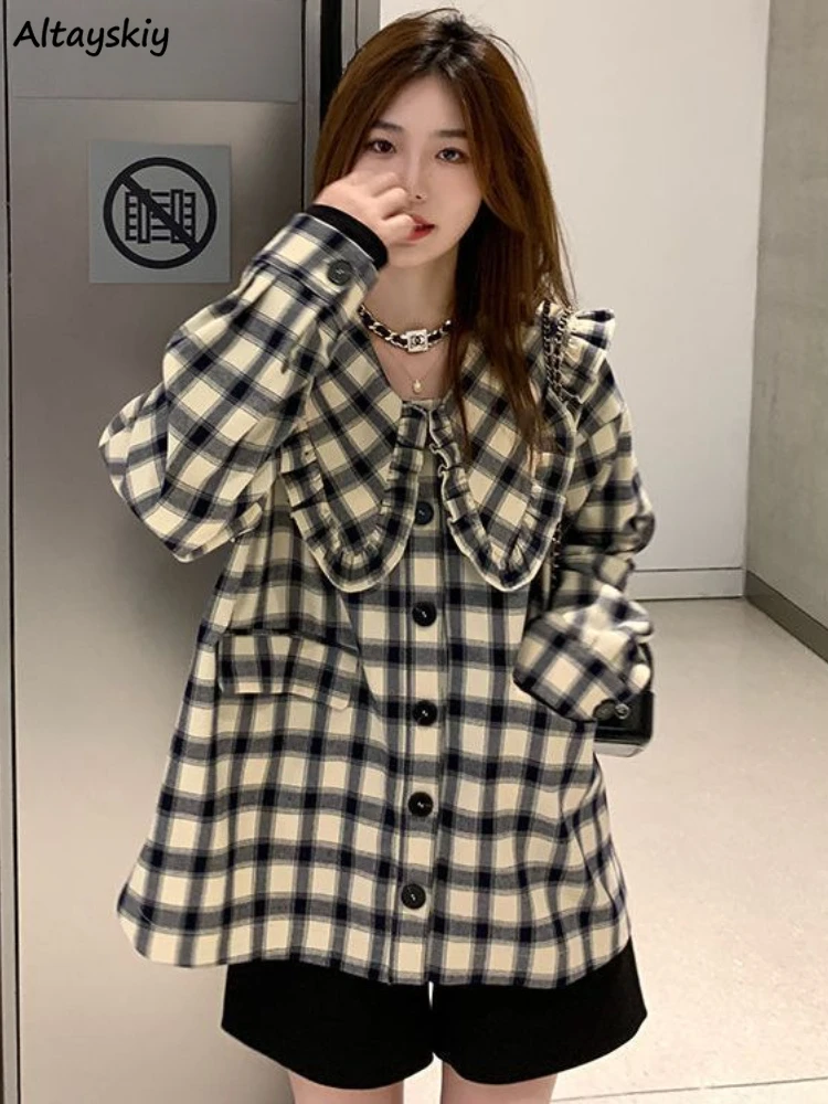 Plaid Shirts Women Loose Fit Design Elegant Peter Pan Collar Korean Style Spring Lovely Students All-match Trendy Girl New Daily
Plaid Shirts Women Loose Fit Design Elegant Peter Pan Collar Korean Style Spring Lovely Students All-match Trendy Girl New Daily