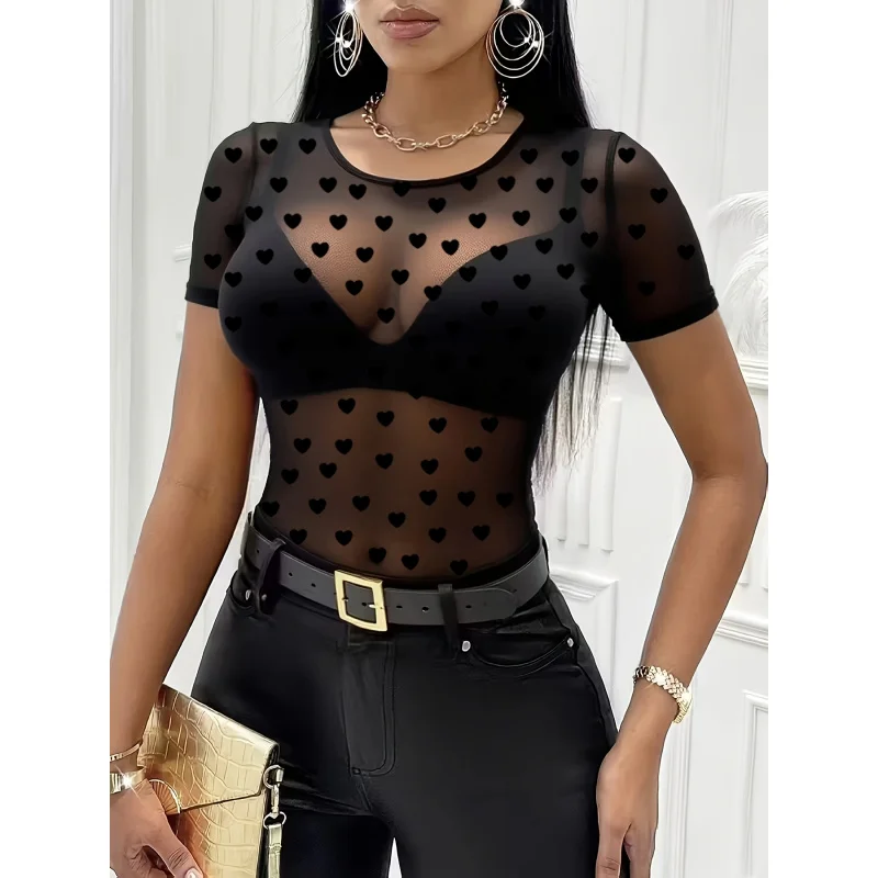 Sexy Black Mesh Crop Top - Summer Season Short Sleeve Crew Neck Heart Pattern Skinny Fit
Sexy Black Mesh Crop Top - Summer Season Short Sleeve Crew Neck Heart Pattern Skinny Fit