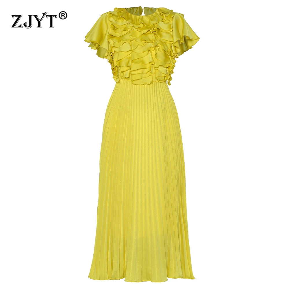 ZJYT Summer Fashion Ruffles Patchwork Long Pleated Dresses for Women Elegant Butterfly Sleeves Yellow Party Holiday Dress Runway
ZJYT Summer Fashion Ruffles Patchwork Long Pleated Dresses for Women Elegant Butterfly Sleeves Yellow Party Holiday Dress Runway