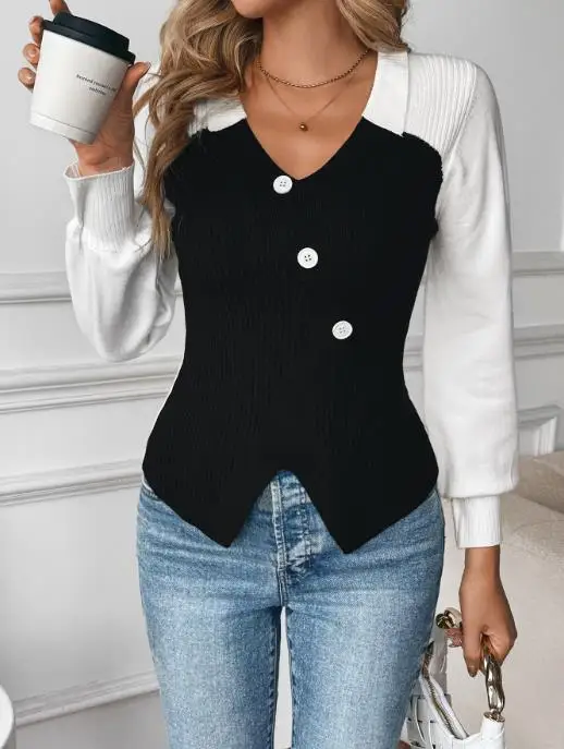 2025 Autumn and Winter New Color Blocking Fashion Trend V-Neck Temperament High-End Pullover Sweater Knitted Sweater 
2025 Autumn and Winter New Color Blocking Fashion Trend V-Neck Temperament High-End Pullover Sweater Knitted Sweater