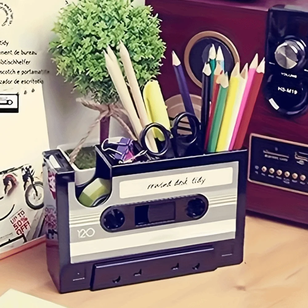 Retro Tape Dispenser with a Pen Holder Stationery Storage Playful Aesthetic Vintage Cassette Tape Dispenser Space-saving
Retro Tape Dispenser with a Pen Holder Stationery Storage Playful Aesthetic Vintage Cassette Tape Dispenser Space-saving